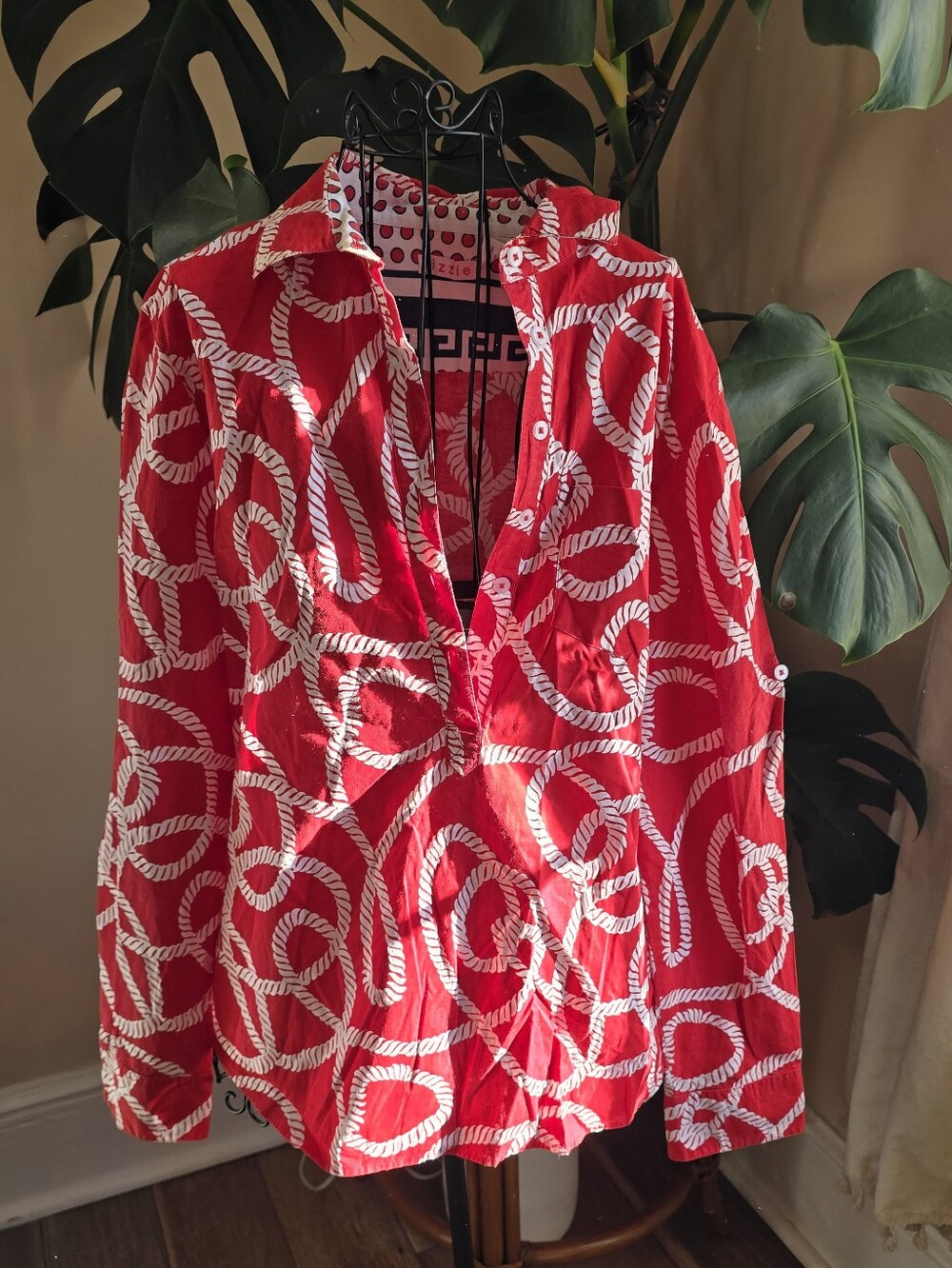 Tizzie by Dizzy Lizzie Red White Nautical Rope Print Shirt Size L EUC